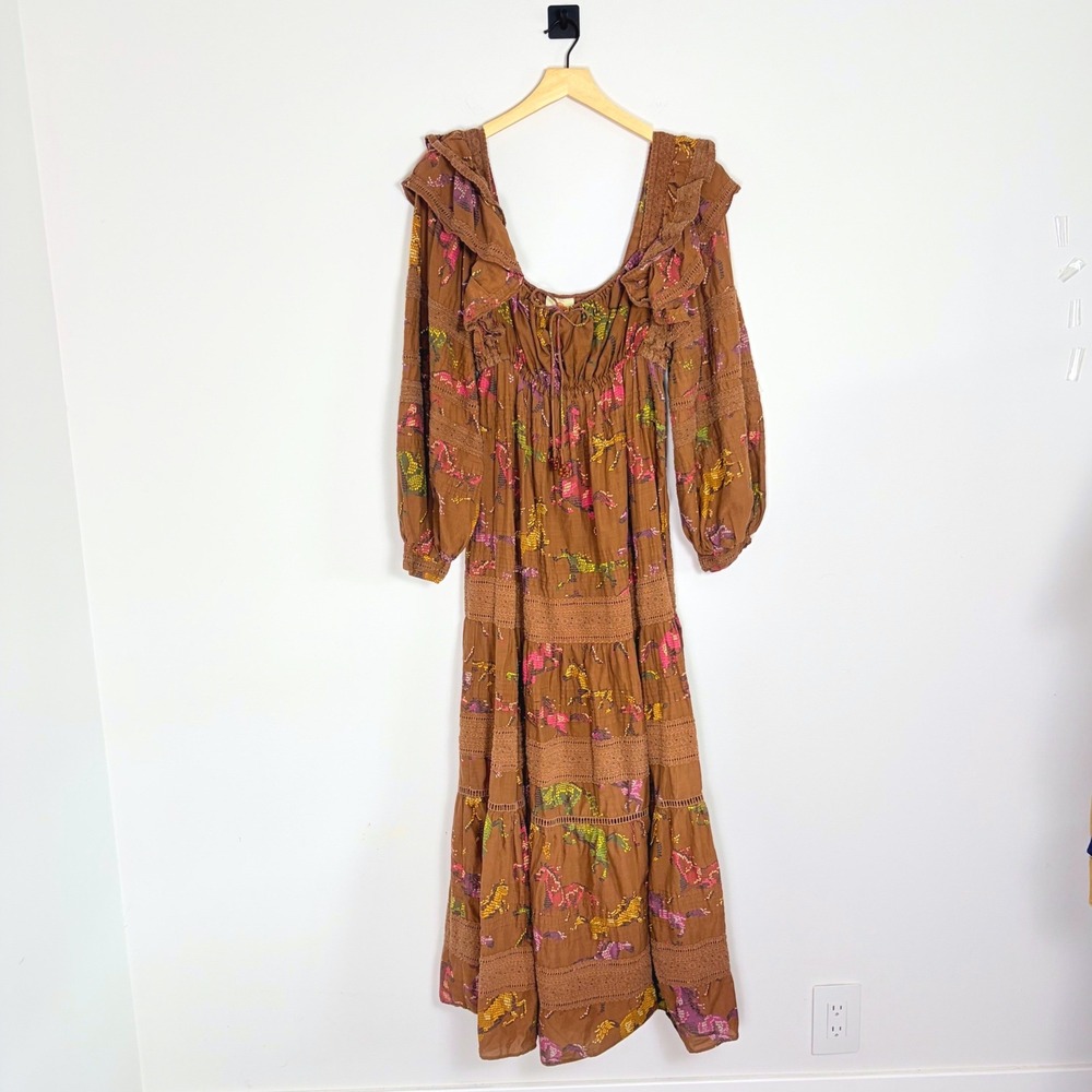 Farm Rio Dotted Horse Tiered Maxi Dress Small Ruffle Eyelet Coastal Boho Prairie - Picture 4 of 10